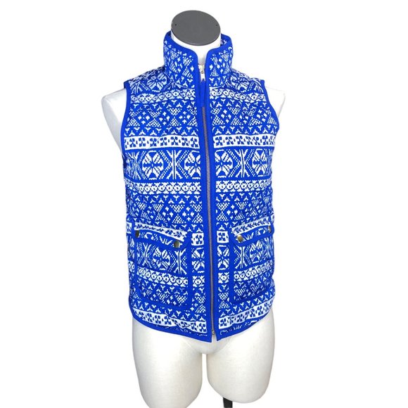 J Crew Puffy Winter Vest Womens PXS Blue White Pockets Fair Isle Excursion Outer - Picture 14 of 15